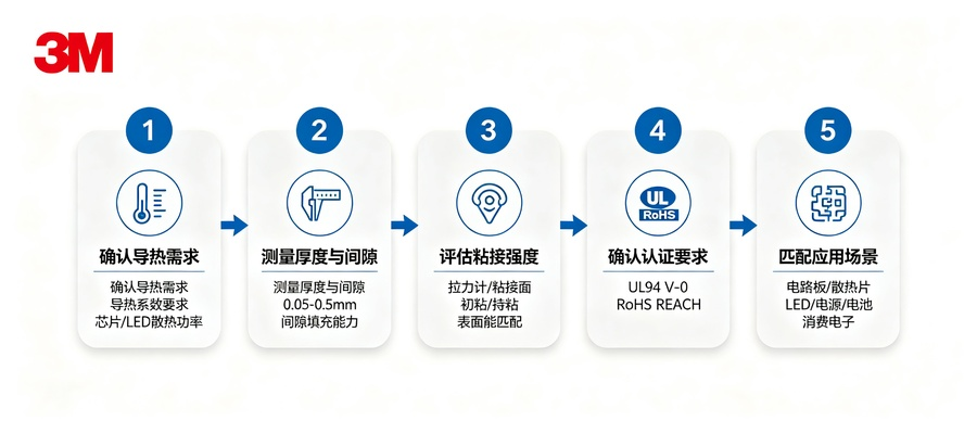 3M导热胶带五步选型流程图：导热需求→厚度与间隙→粘接强度→认证要求→应用场景