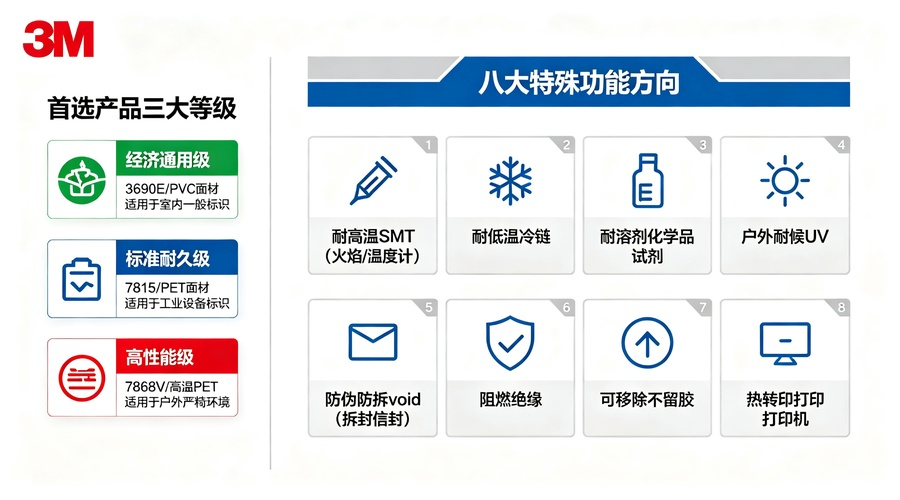 3M耐久性标签产品分类示意图，展示首选产品四个层级和特殊功能产品八大方向