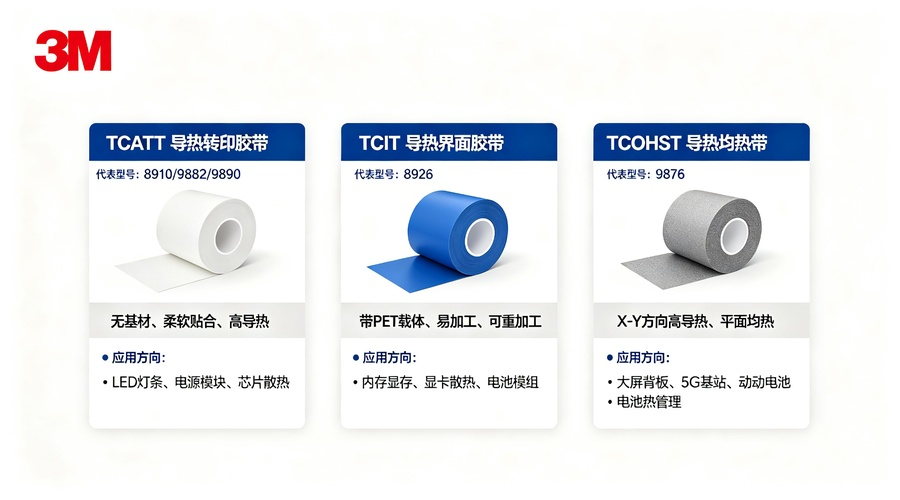 3M导热胶带产品分类示意图，展示TCATT、TCIT、TCoHST系列及应用方向