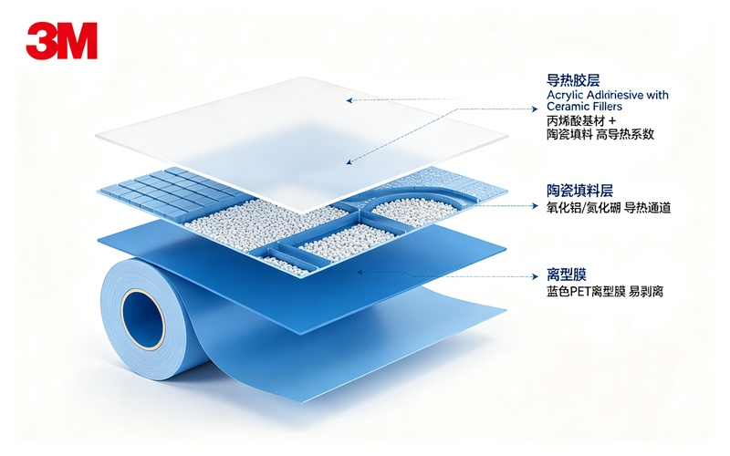 3M导热胶带结构示意图，展示填充丙烯酸基材、导热陶瓷填料、离型膜各层功能