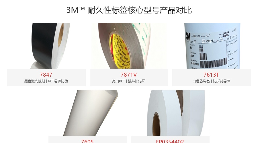 3M耐久性标签核心型号实拍对比图，包含7847、7868V、7613T、7605等型号