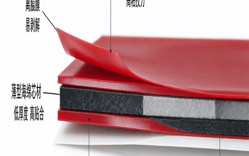 薄型3M VHB胶带结构示意图，展示泡棉芯材、丙烯酸胶粘剂、离型膜各层结构