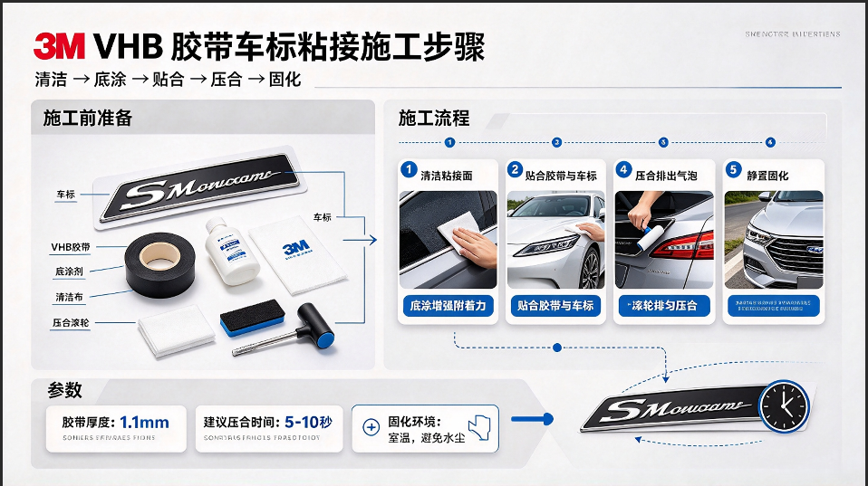 3M VHB胶带车标粘接施工步骤示意图